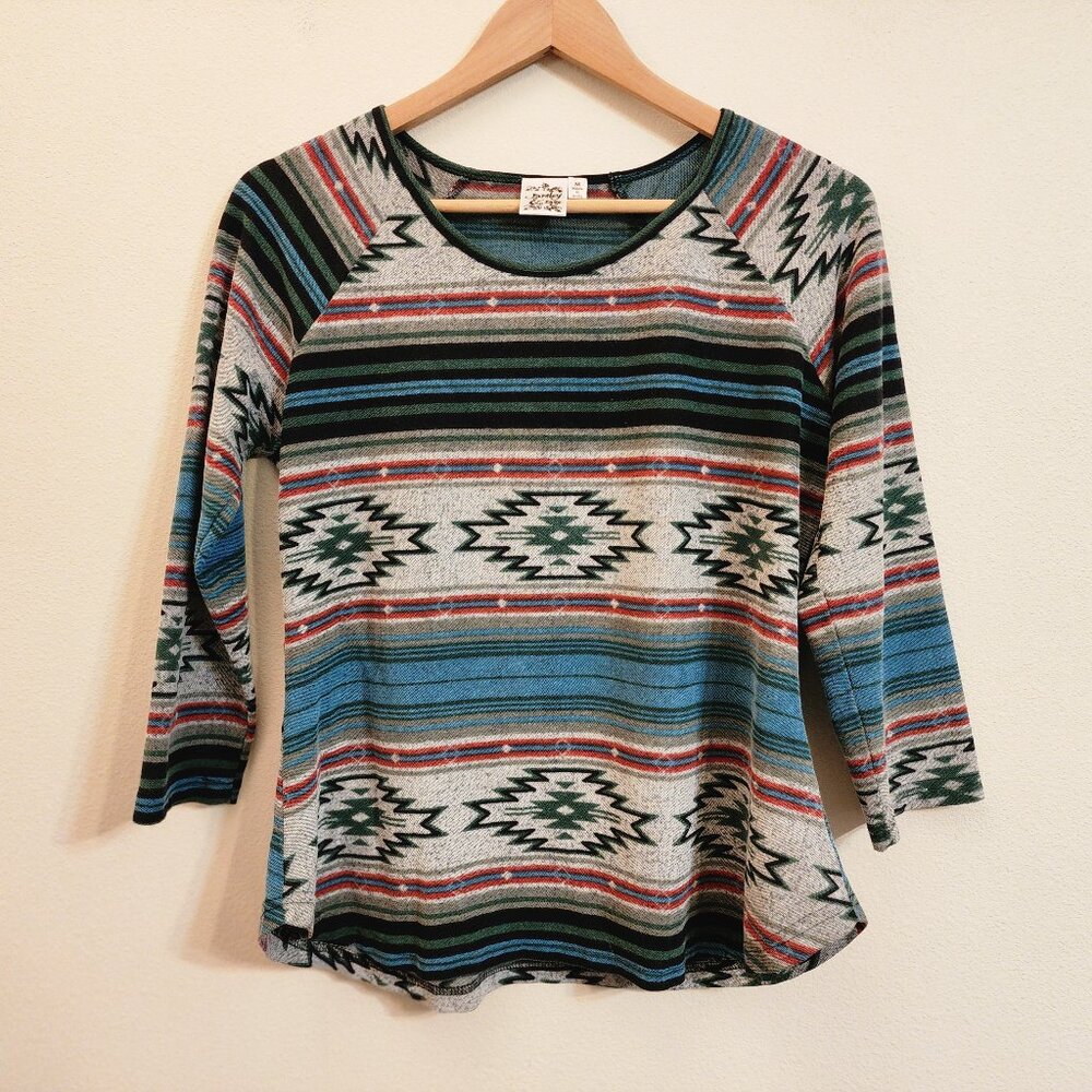 Parsley & Sage Southwest Aztec Print 3/4 Sleeve Shirt Women M Curved Hem Artsy